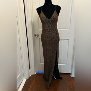 NWT Charlotte Russe medium gold shimmer shiny dress slit formal spaghetti strap